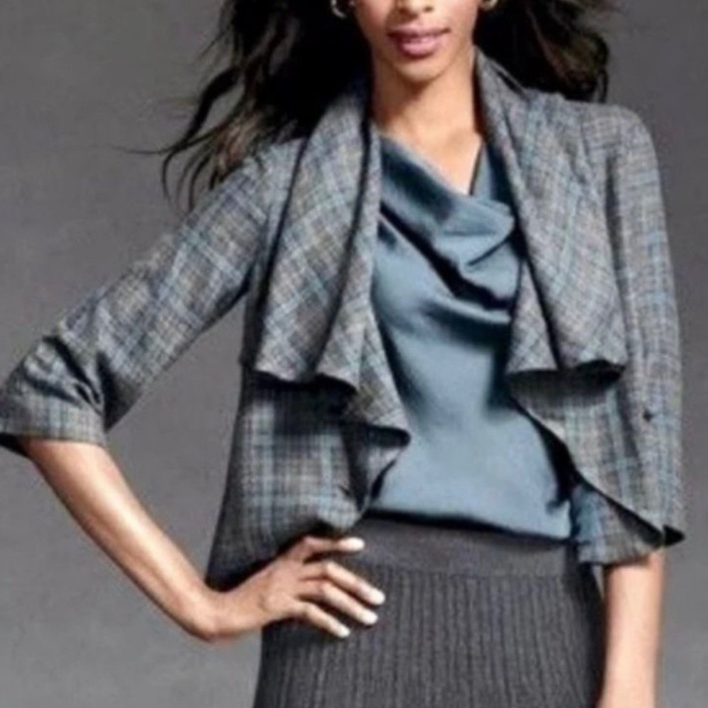 CAbi Charcoal & Blue Plaid Draped Collar Blazer Jacket